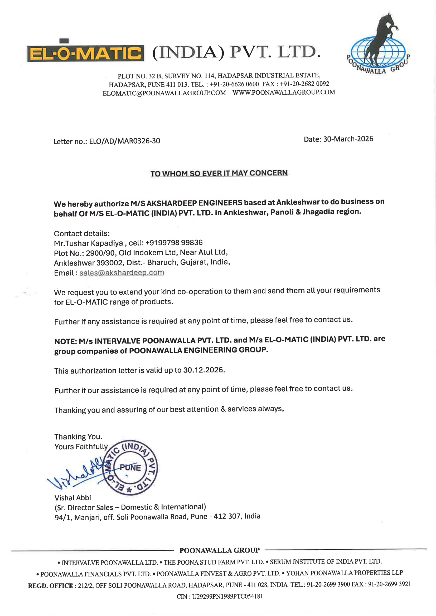 El-O-Matic Authorisation Letter
