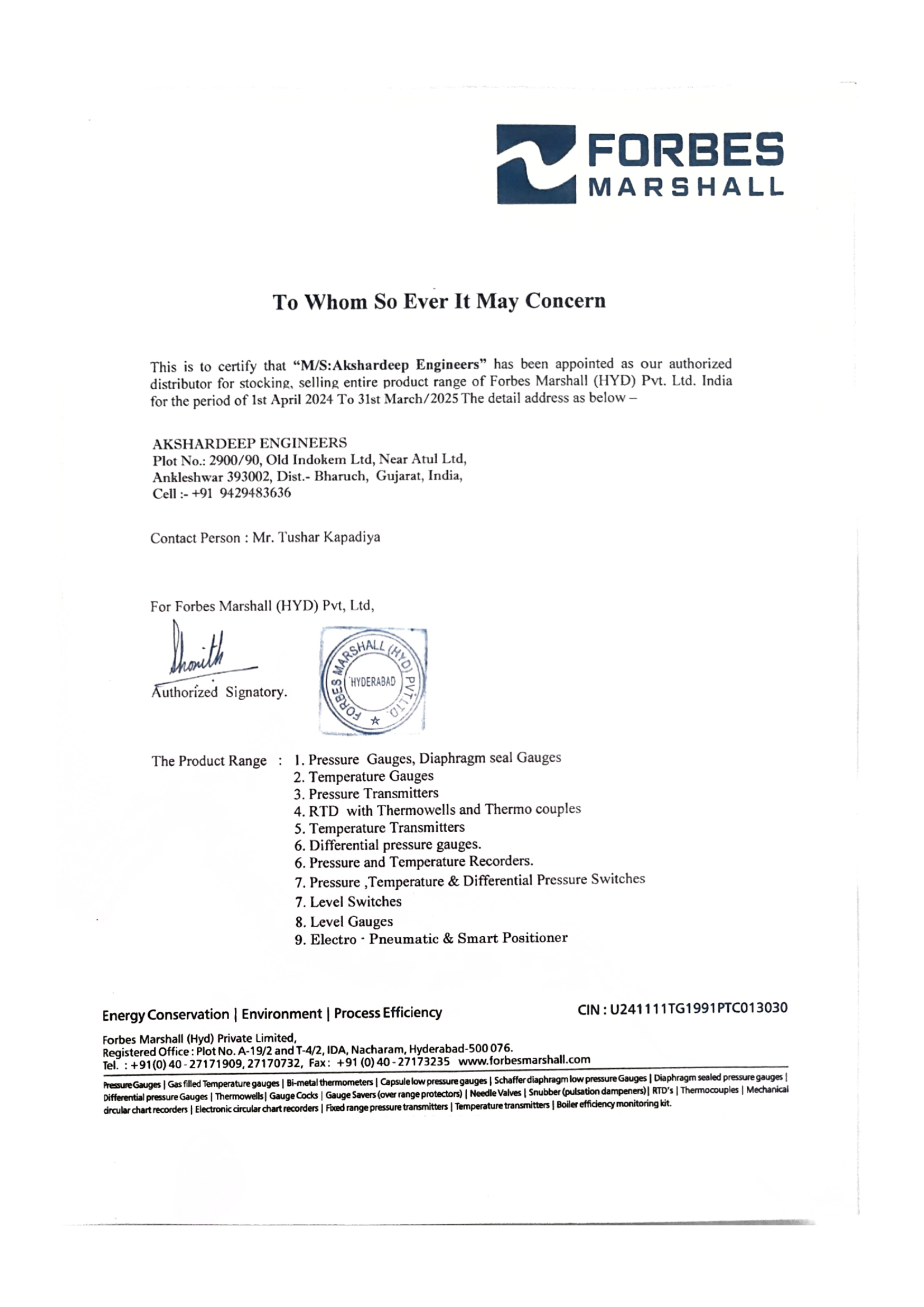 Forbes Marshall Authorised Channel Partner Certificate